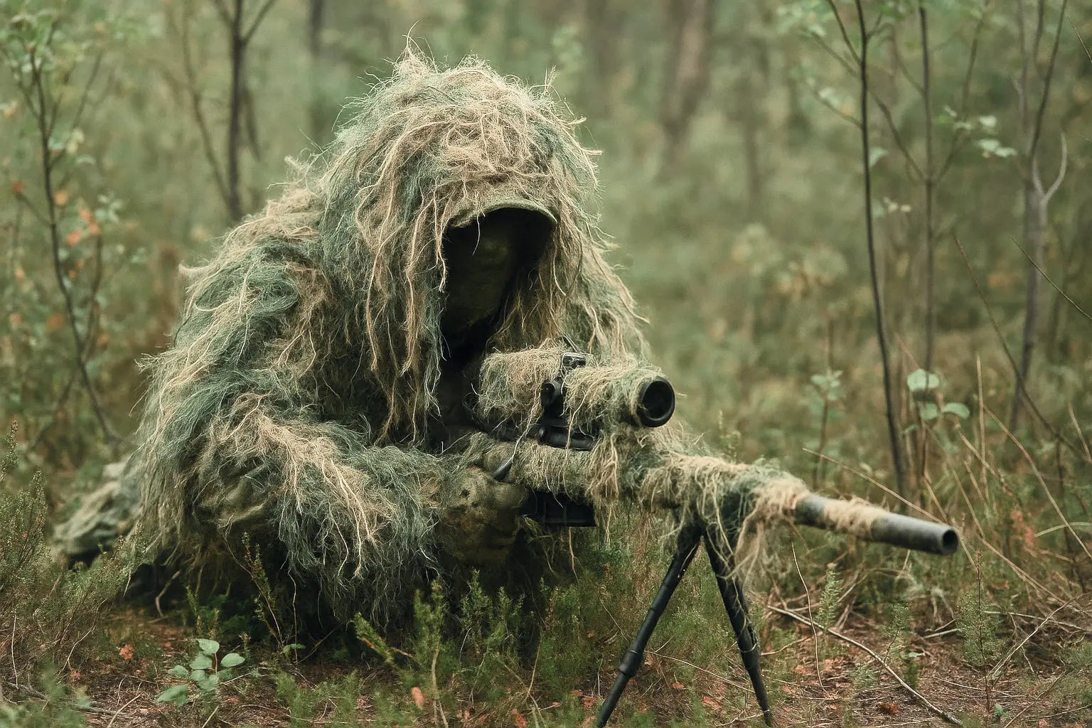 صورة لقناص يستخدم بدلة Ghillie "الغيلي"