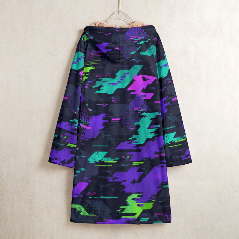Cyberveil Iridescent Glitch CAMO Men's Horn Button Long Fleece Coat