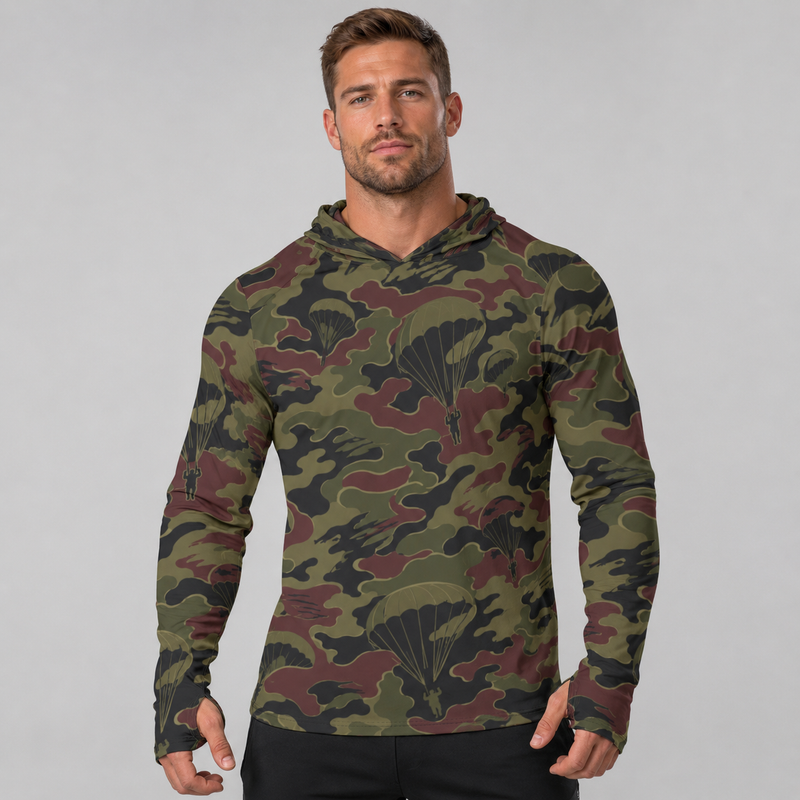 Airborne Maroon Drop CAMO Mens Sunscreen Sports Hoodie With Thumb Holes