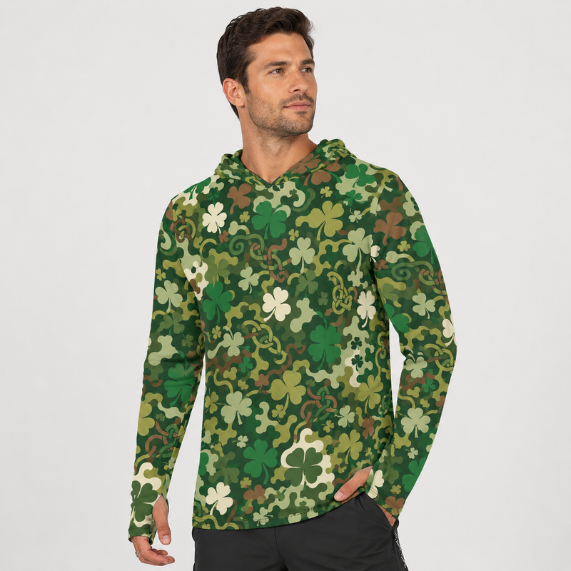 Celtic Shamrock Heritage CAMO Mens Sunscreen Sports Hoodie With Thumb Holes