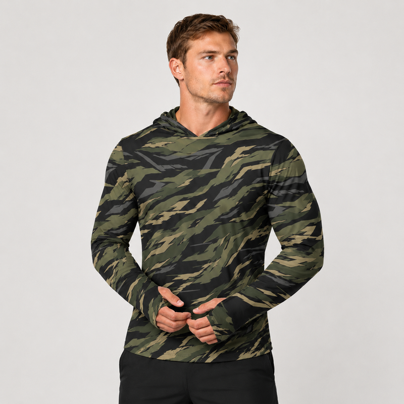 Tiger Stripe Vanguard Jungle CAMO Mens Sunscreen Sports Hoodie With Thumb Holes