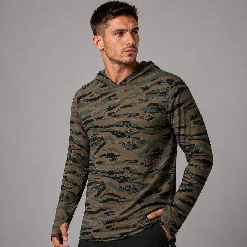 Tiger Stripe Marine Experimental Woodland CAMO Mens Sunscreen Sports Hoodie With Thumb Holes