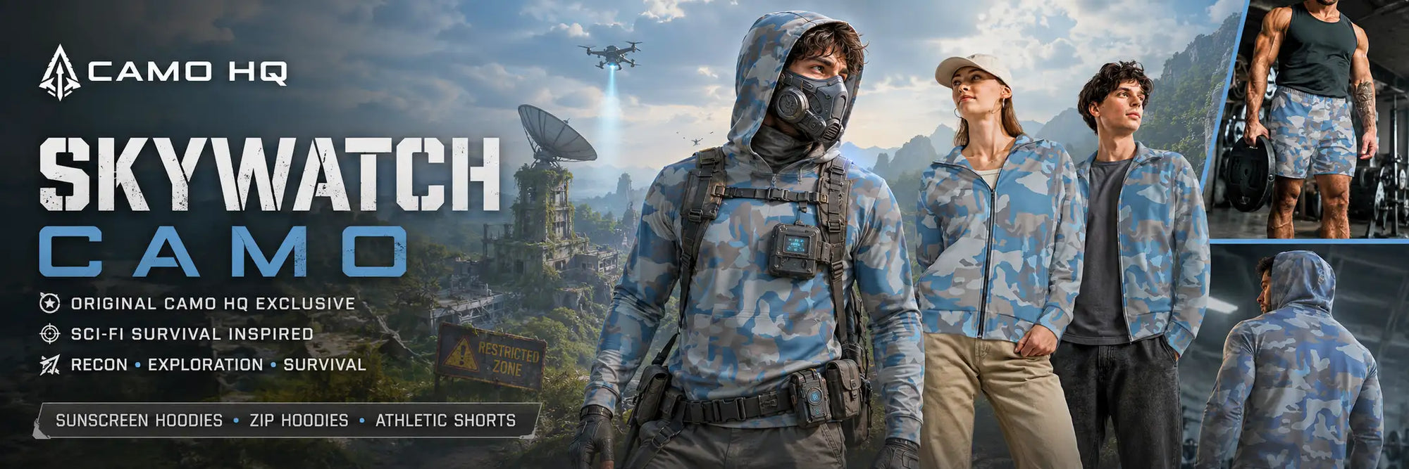 Blue and gray camouflage patterned hooded jacket with zip closure