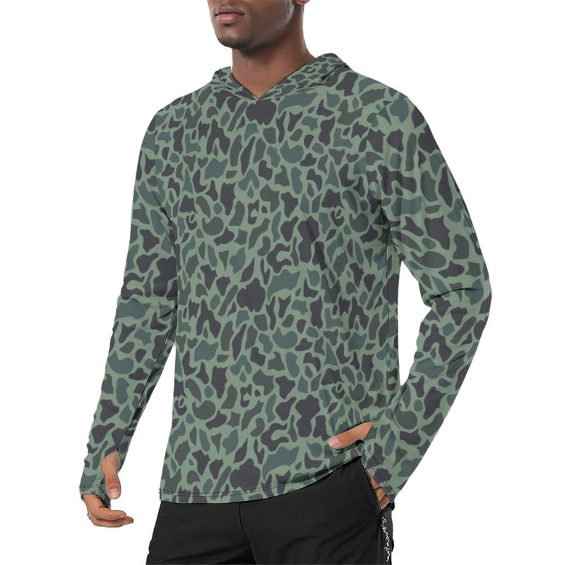 Duck Hunter Woodland Spot CAMO Mens Sunscreen Sports Hoodie With Thumb Holes