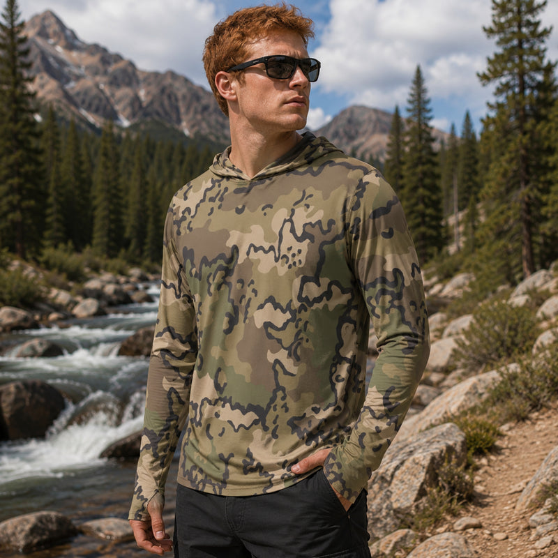 Alaska Chocolate Chip Multi-terrian CAMO Mens Sunscreen Sports Hoodie With Thumb Holes - S / White