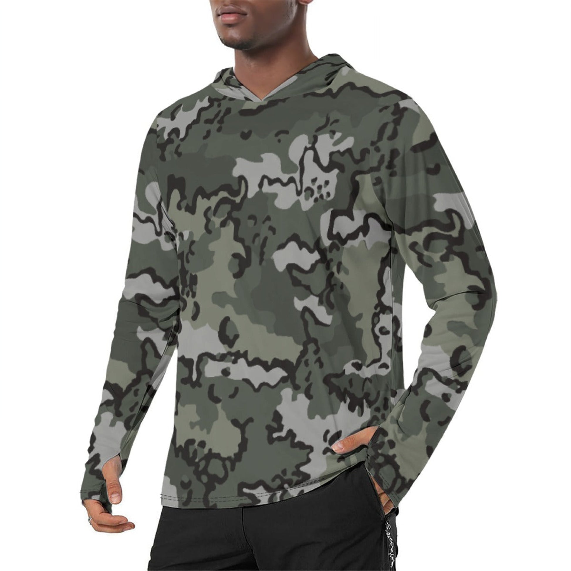 Alaska Chocolate Chip Night CAMO Mens Sunscreen Sports Hoodie With Thumb Holes - S / White - Hoodies