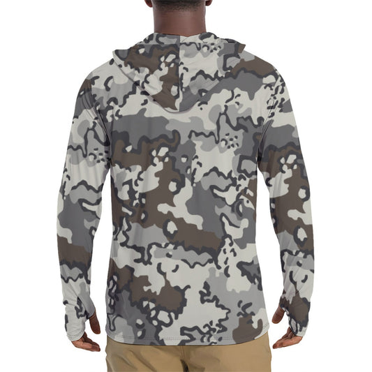 Alaska Chocolate Chip Tundra CAMO Mens Sunscreen Sports Hoodie With Thumb Holes