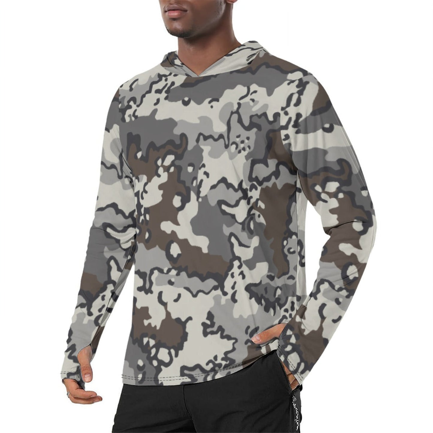 Alaska Chocolate Chip Tundra CAMO Mens Sunscreen Sports Hoodie With Thumb Holes - S / White