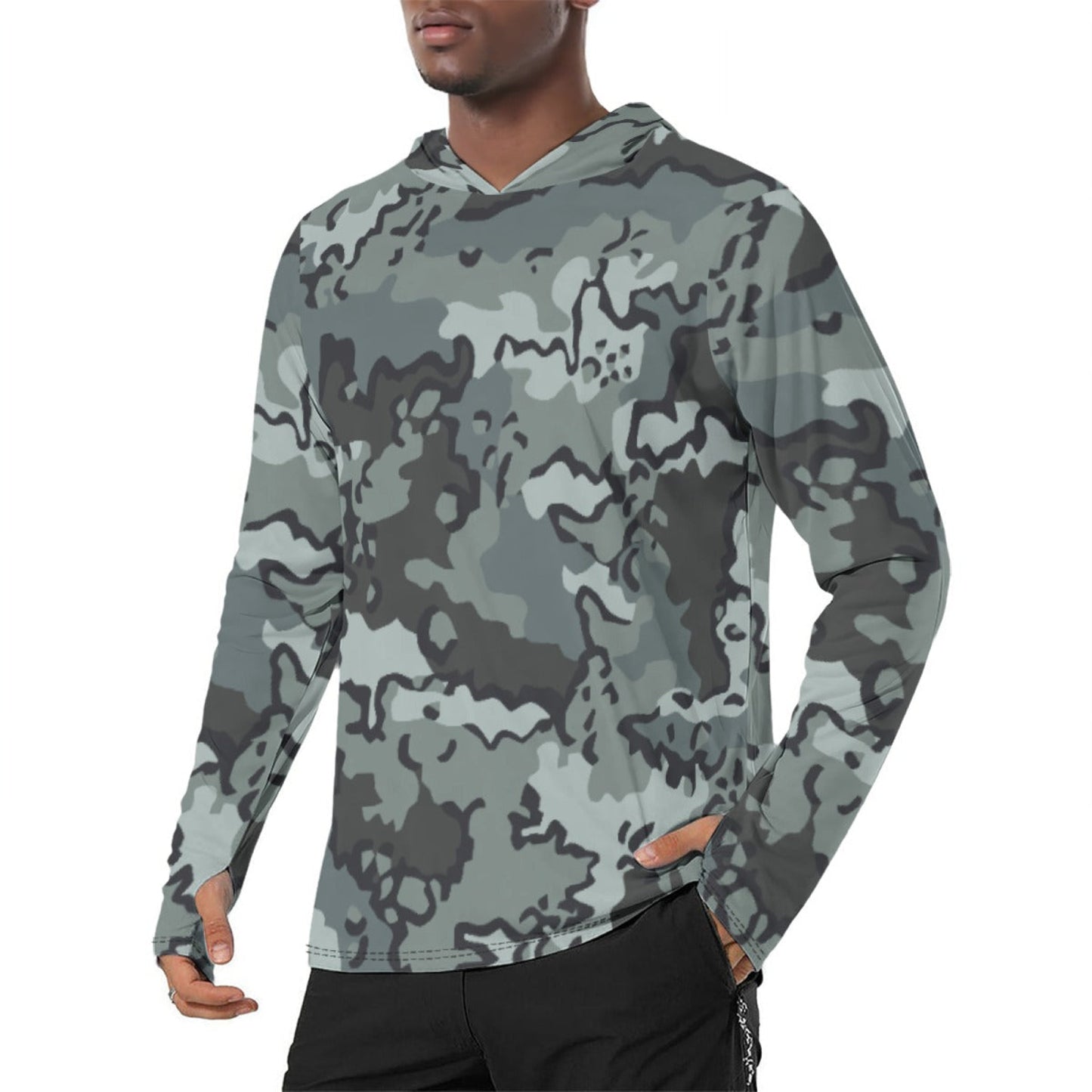 Alaska Chocolate Chip Urban CAMO Mens Sunscreen Sports Hoodie With Thumb Holes - S / White - Hoodies