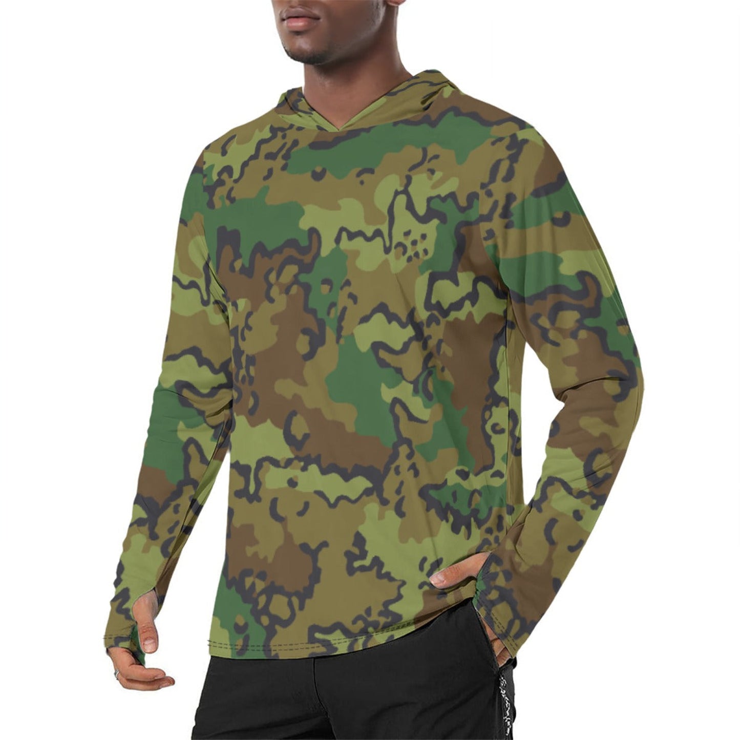 Alaska Chocolate Chip Woodland CAMO Mens Sunscreen Sports Hoodie With Thumb Holes - S / White - Hoodies
