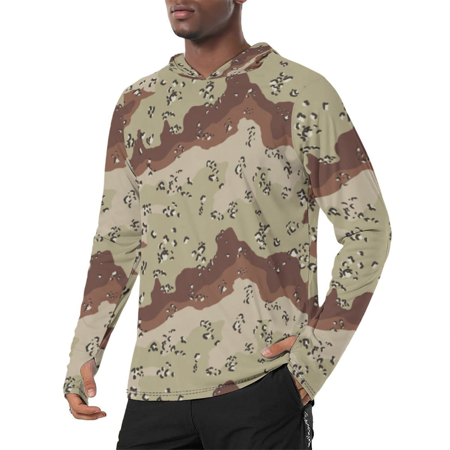American Chocolate Chip Desert Battle Dress Uniform (DBDU) CAMO Mens Sunscreen Sports Hoodie With Thumb Holes