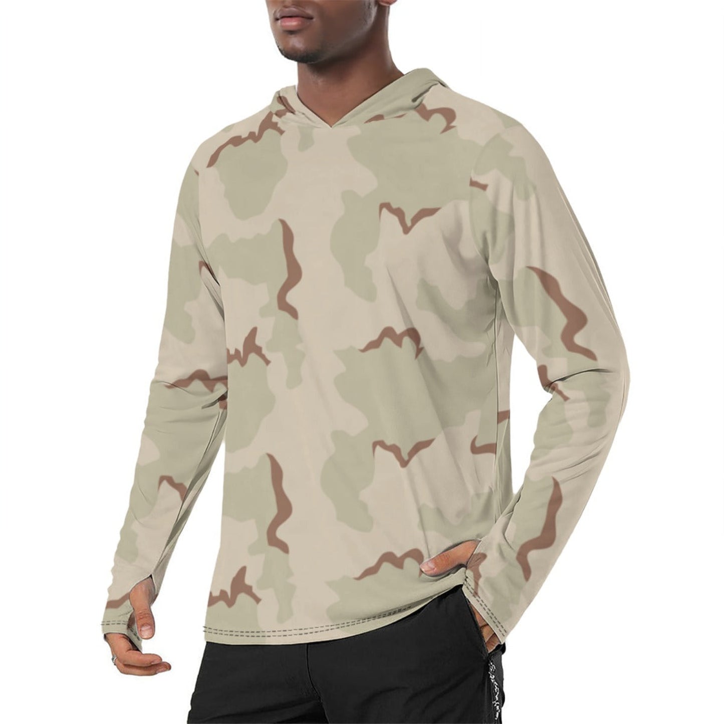 American Coffee Stain Desert Combat Uniform (DCU) First GEN CAMO Mens Sunscreen Sports Hoodie With Thumb Holes - S / White