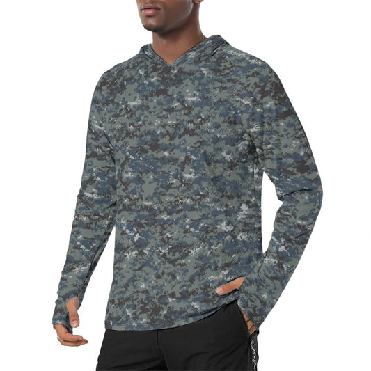 American Digital Blueberry CAMO Mens Sunscreen Sports Hoodie With Thumb Holes - S / White