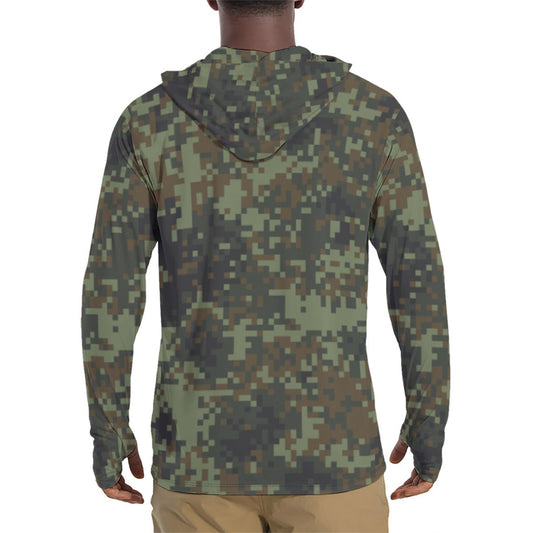 American Digital Dual-Tex Woodland CAMO Mens Sunscreen Sports Hoodie With Thumb Holes - S / White