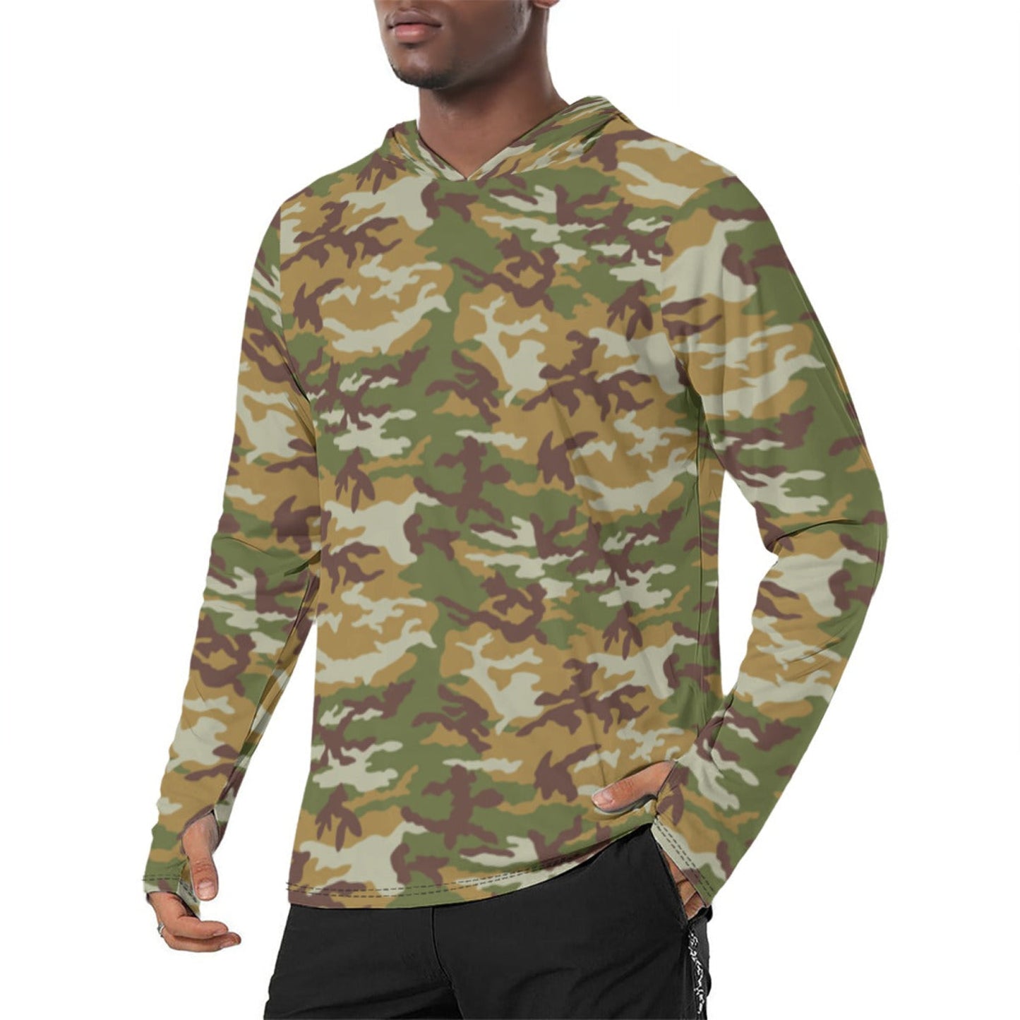 American M81 Olive Brush Woodland CAMO Mens Sunscreen Sports Hoodie With Thumb Holes - S / White - Hoodies