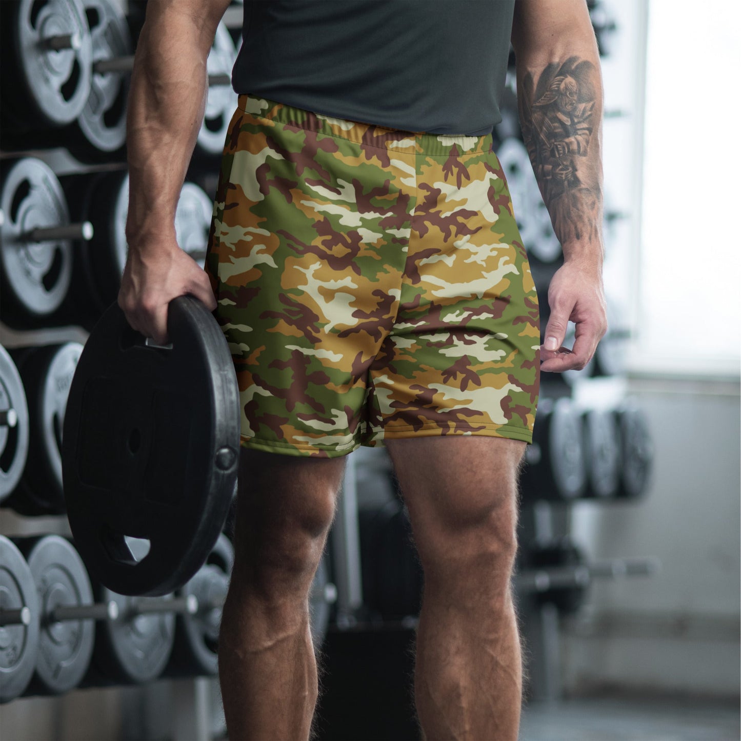 American M81 Olive Brush Woodland CAMO Unisex Athletic Long Shorts - 2XS