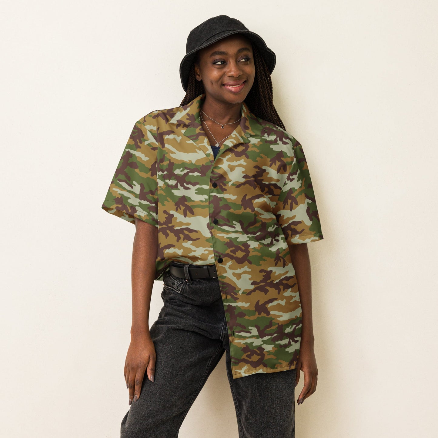 American M81 Olive Brush Woodland CAMO Unisex Short-Sleeve Button Shirt