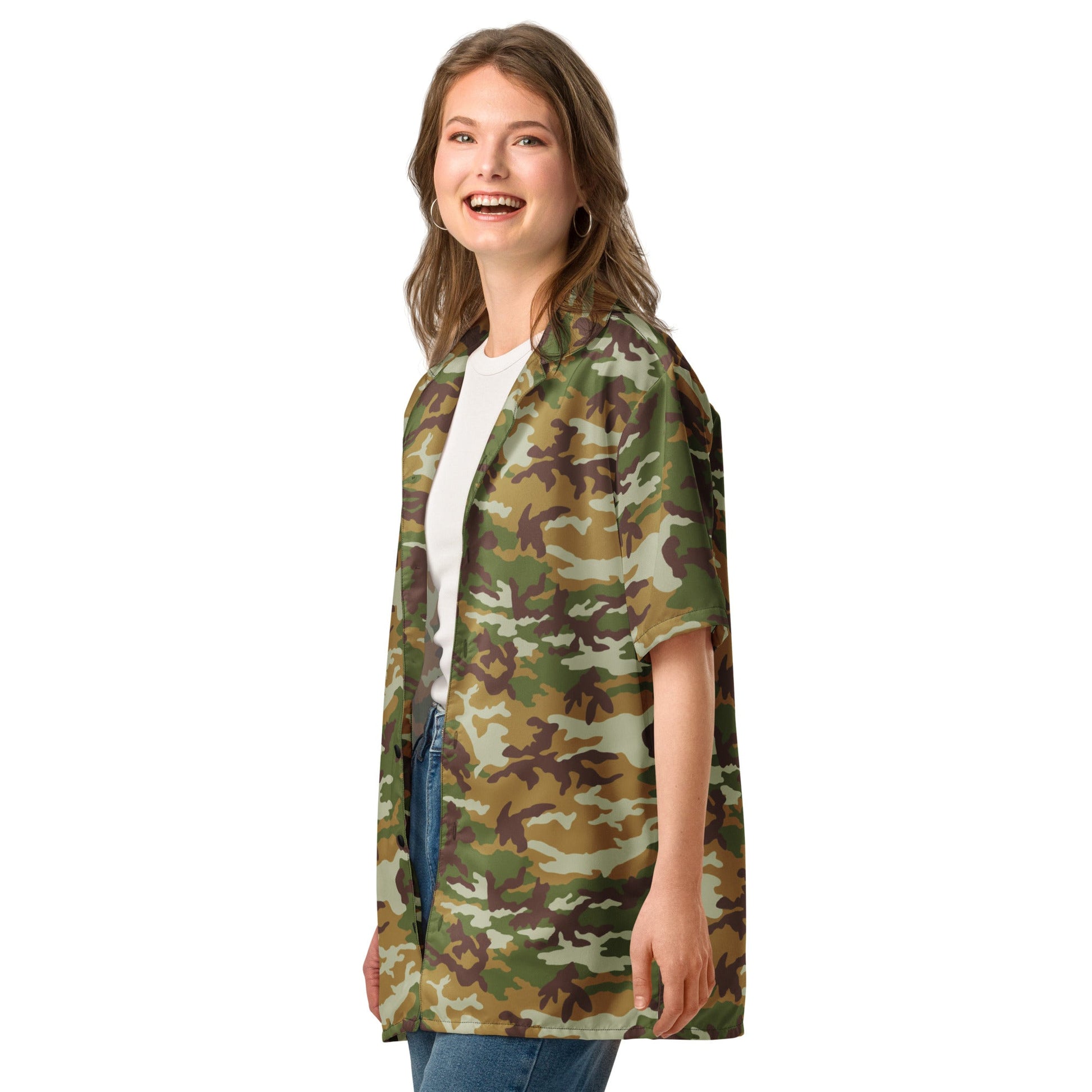 American M81 Olive Brush Woodland CAMO Unisex Short-Sleeve Button Shirt