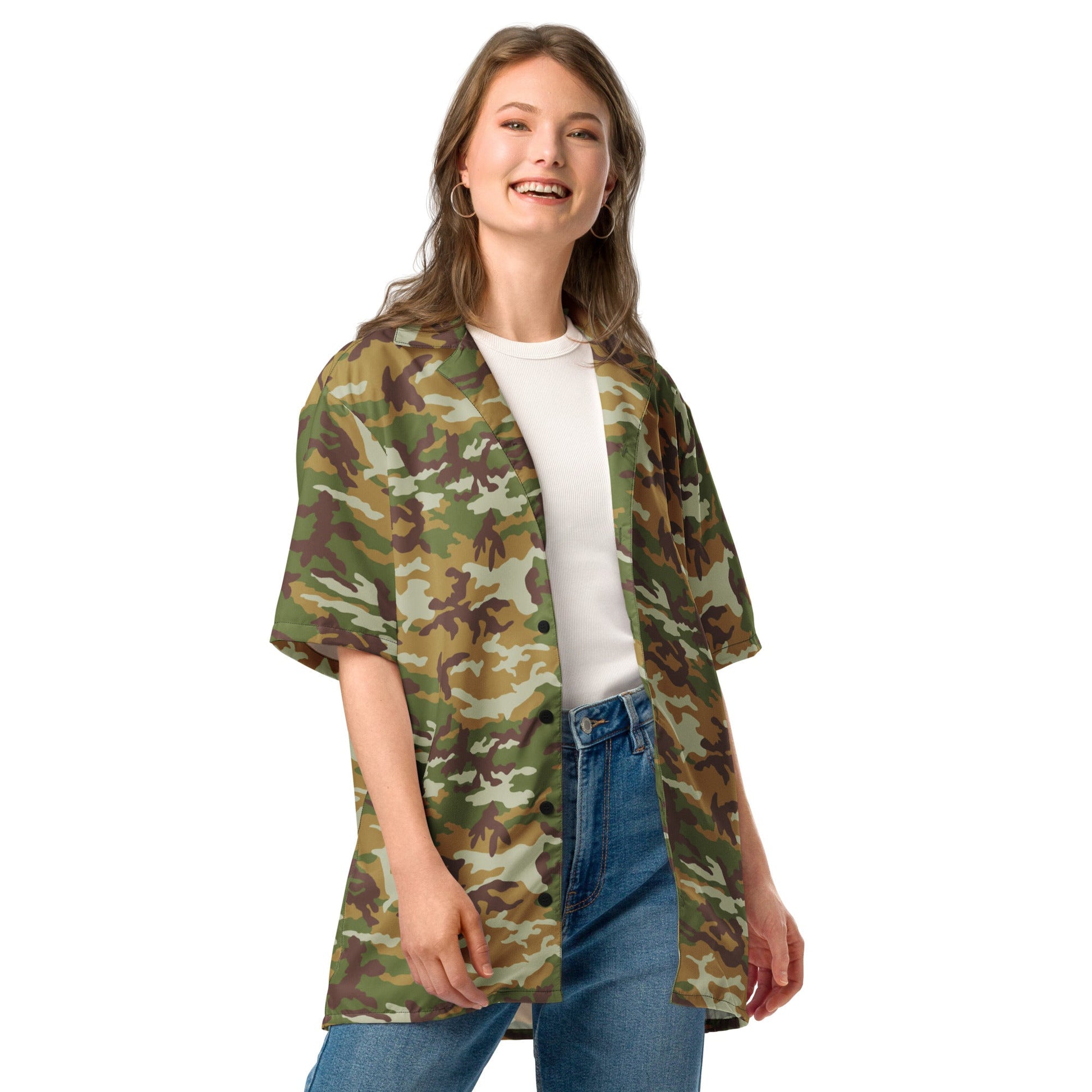 American M81 Olive Brush Woodland CAMO Unisex Short-Sleeve Button Shirt