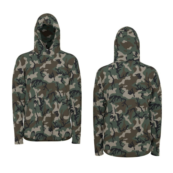 American M81 Woodland CAMO Men’s Sunscreen Sports Hoodie With Thumb Holes - S / White - Mens Sunscreen Sports Hoodie With Thumb Holes
