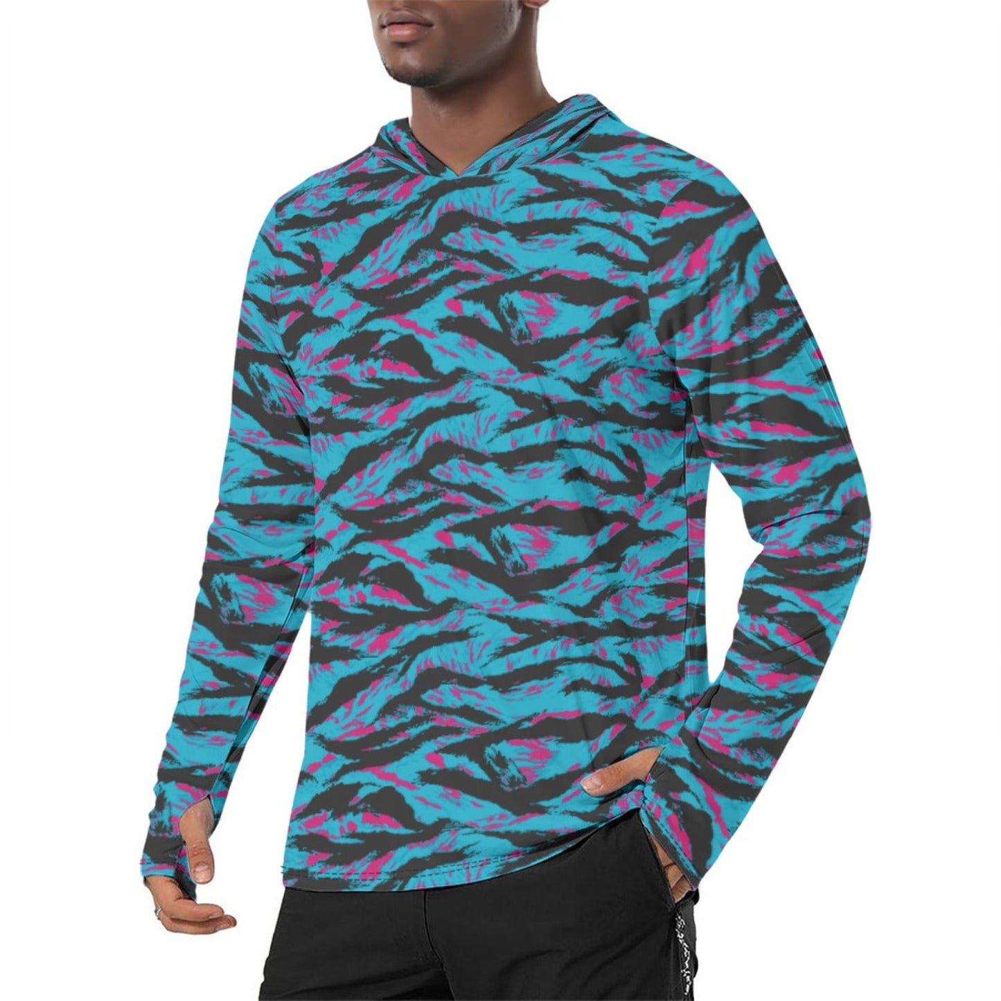 American Miami Vice Tiger Stripe CAMO Mens Sunscreen Sports Hoodie With Thumb Holes - S / White