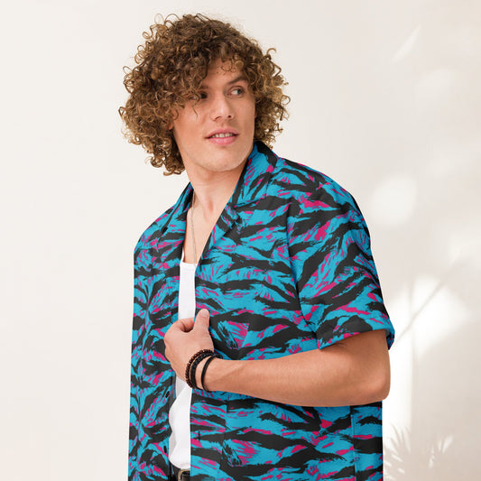 American Miami Vice Tiger Stripe CAMO Unisex Short-Sleeve Button Shirt - 2XS