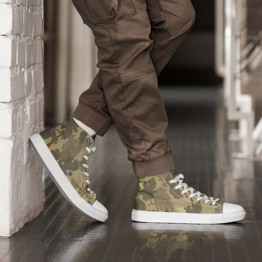 American Mitchell Wine Leaf Brown CAMO Men’s high top canvas shoes - White / 5