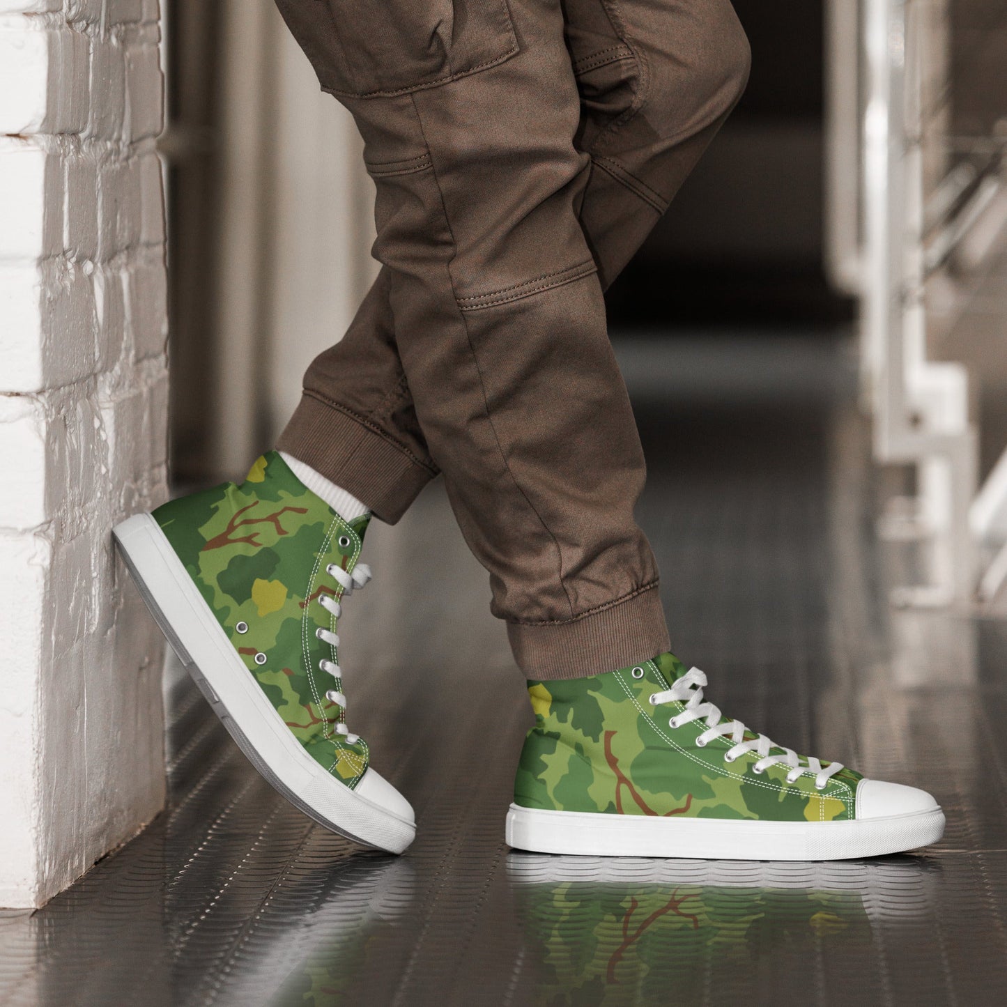 American Mitchell Wine Leaf Green CAMO Mens high top canvas shoes - White / 5 - High Top Canvas Shoes