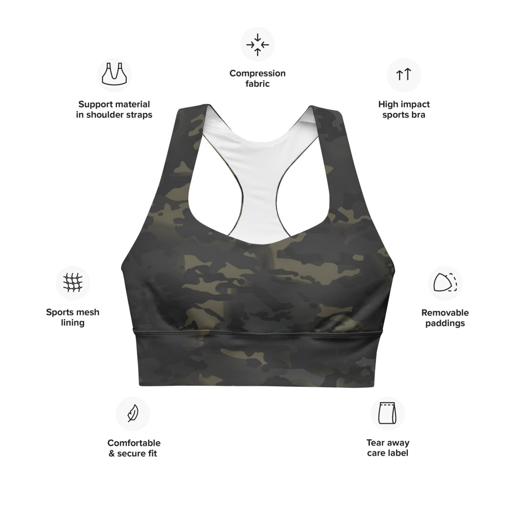 American Multi CAMO Black Longline sports bra - Womens Sports Bra