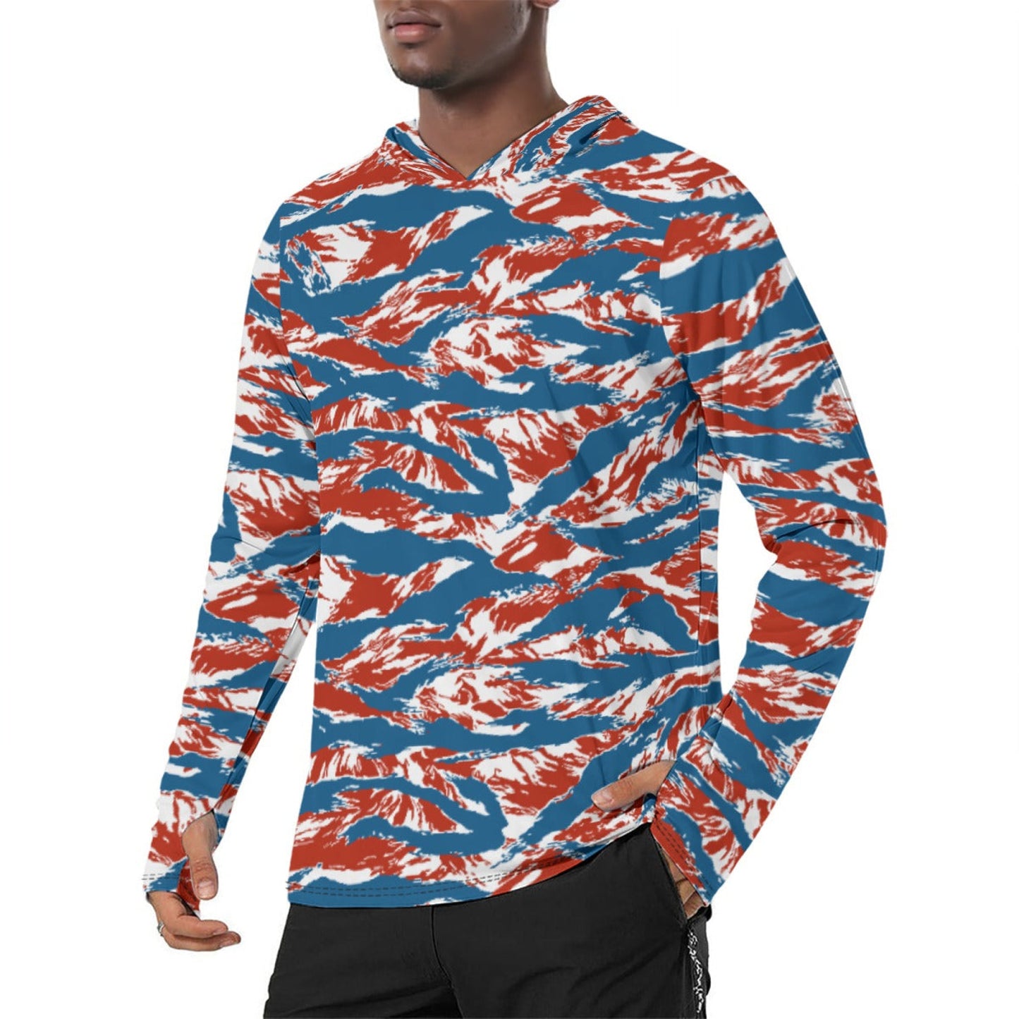 American Patriot Tiger Stripe CAMO Mens Sunscreen Sports Hoodie With Thumb Holes - S / White