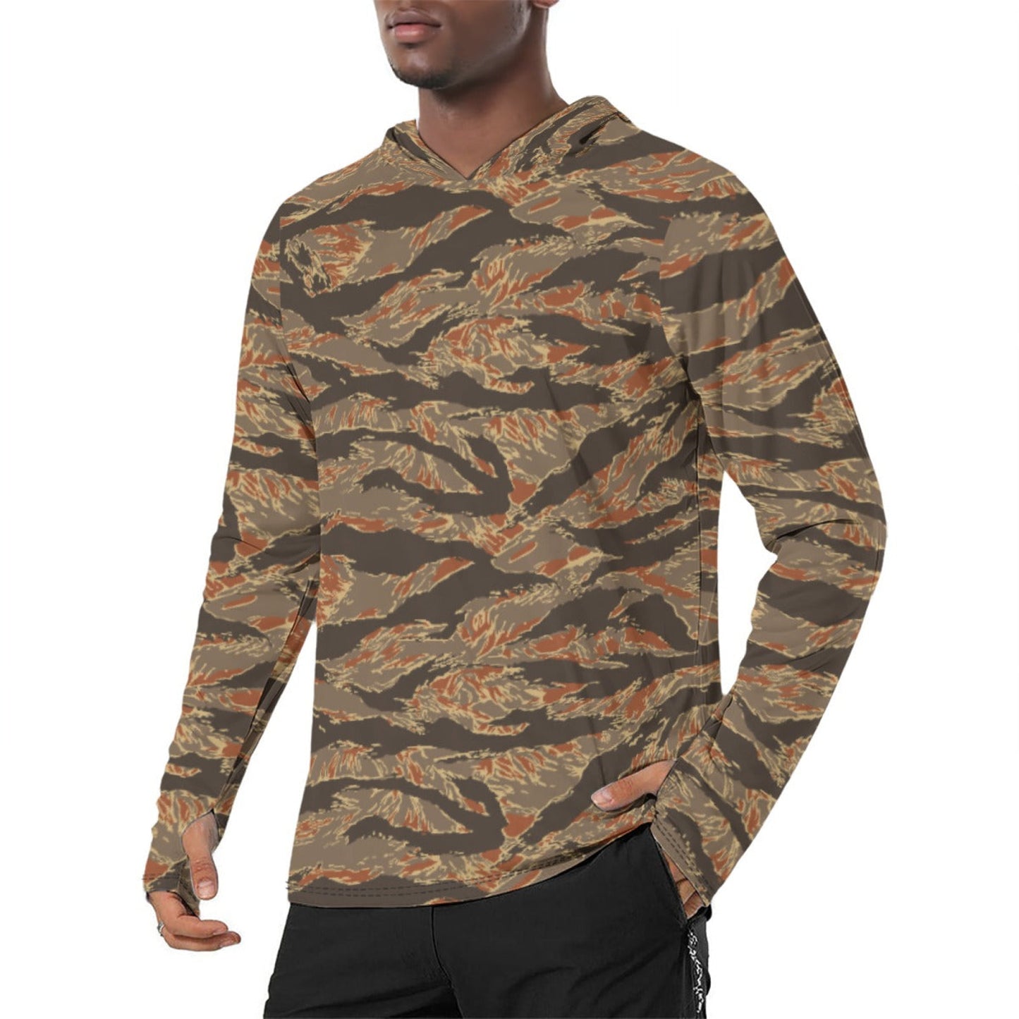 American Tiger Stripe Autumn CAMO Mens Sunscreen Sports Hoodie With Thumb Holes - Hoodies