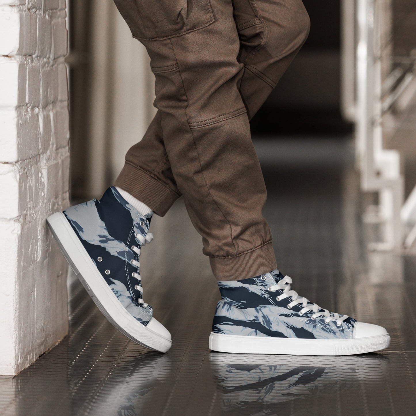 American Tiger Stripe Blue Frost CAMO Mens high top canvas shoes - White / 5 - High Top Canvas Shoes