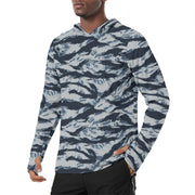 Tiger Stripe Blue Frost CAMO Mens Sunscreen Sports Hoodie With Thumb Holes
