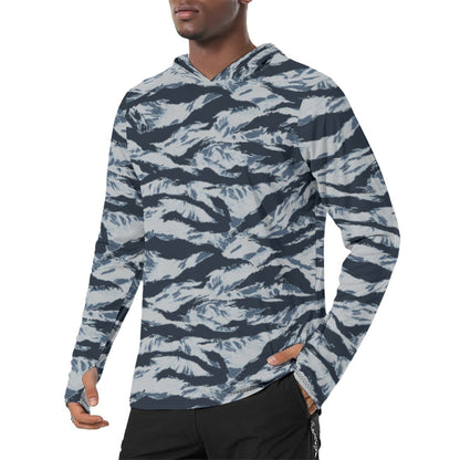 American Tiger Stripe Blue Frost CAMO Mens Sunscreen Sports Hoodie With Thumb Holes