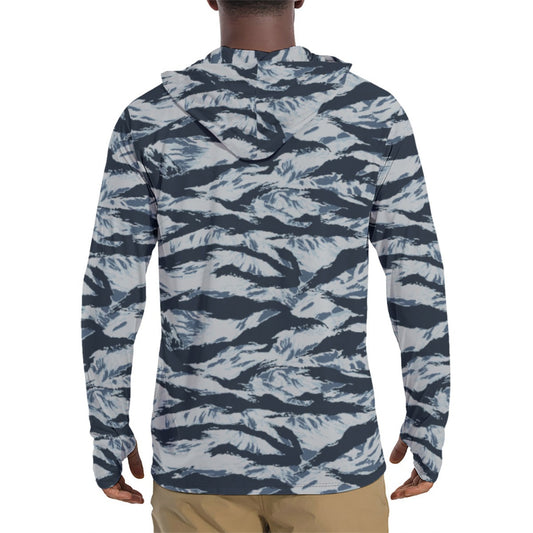 American Tiger Stripe Blue Frost CAMO Mens Sunscreen Sports Hoodie With Thumb Holes - Hoodies