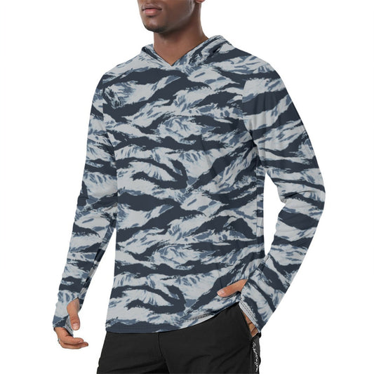 American Tiger Stripe Blue Frost CAMO Mens Sunscreen Sports Hoodie With Thumb Holes - Hoodies