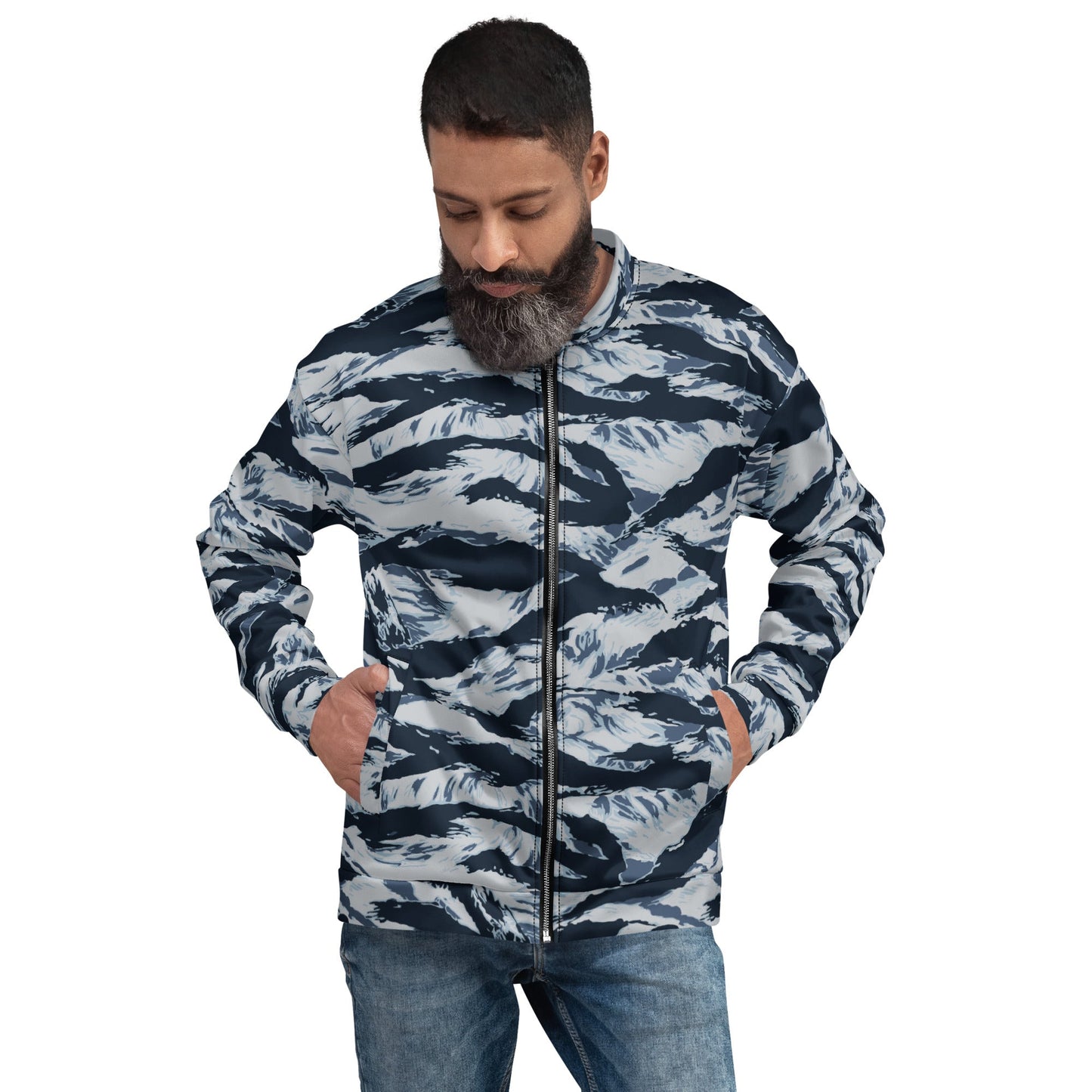 American Tiger Stripe Blue Frost CAMO Unisex Bomber Jacket - XS - Jackets