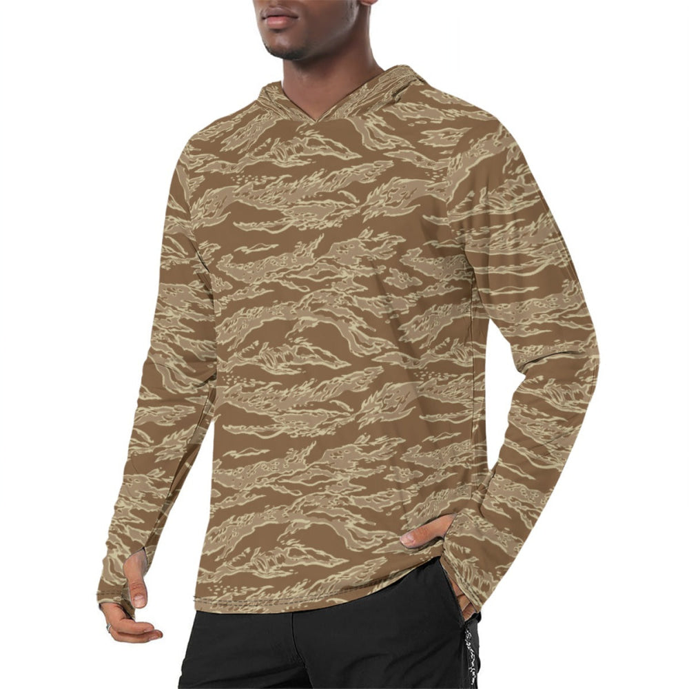 American Tiger Stripe Desert CAMO Men’s Sunscreen Sports Hoodie With Thumb Holes - Mens