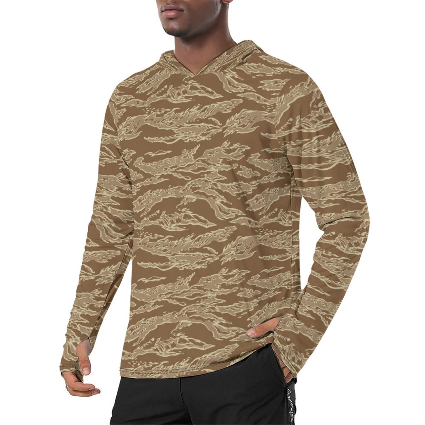 American Tiger Stripe Desert CAMO Mens Sunscreen Sports Hoodie With Thumb Holes Hoodies