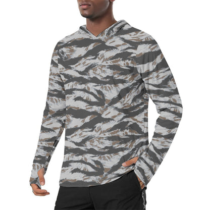 American Tiger Stripe Frostbite CAMO Mens Sunscreen Sports Hoodie With Thumb Holes - 5XL / White - Hoodies