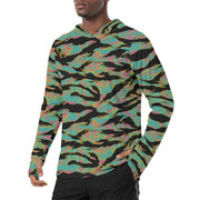 Tiger Stripe Miami Sunset CAMO Mens Sunscreen Sports Hoodie With Thumb Holes - S / White