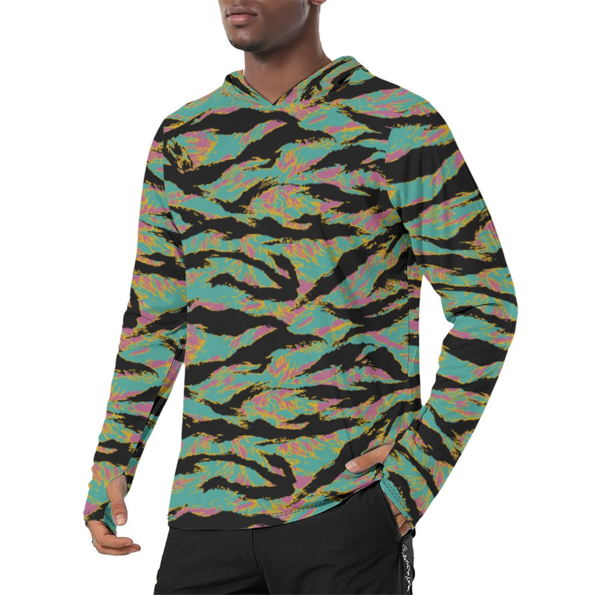 American Tiger Stripe Miami Sunset CAMO Mens Sunscreen Sports Hoodie With Thumb Holes - S / White