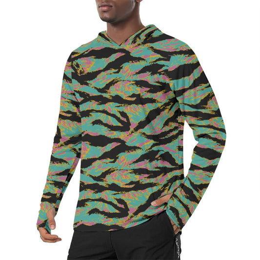 American Tiger Stripe Miami Sunset CAMO Mens Sunscreen Sports Hoodie With Thumb Holes - S / White