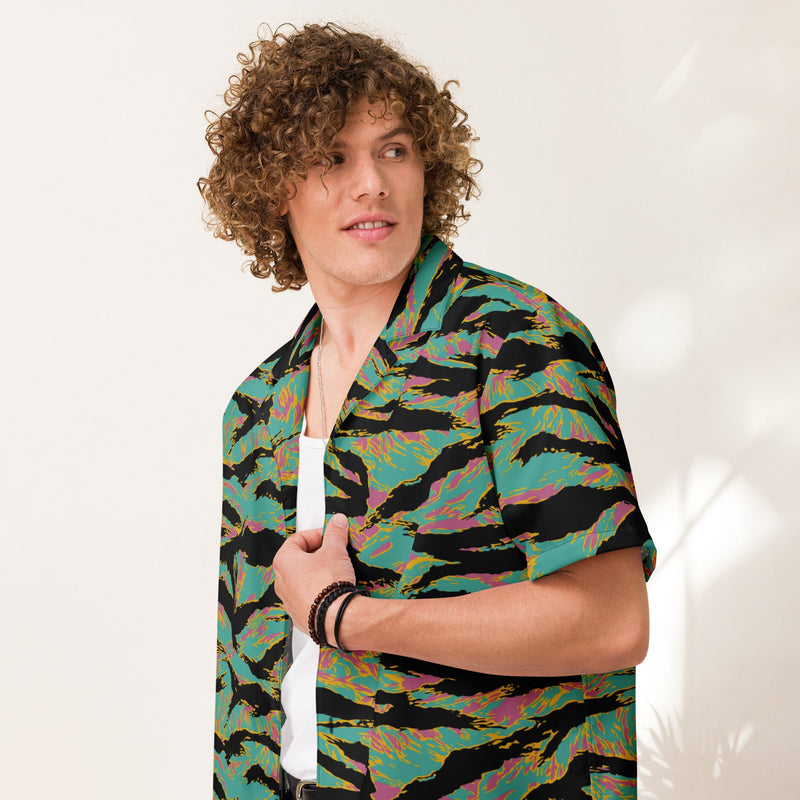 Tiger Stripe Miami Sunset CAMO Unisex Short-Sleeve Button Shirt