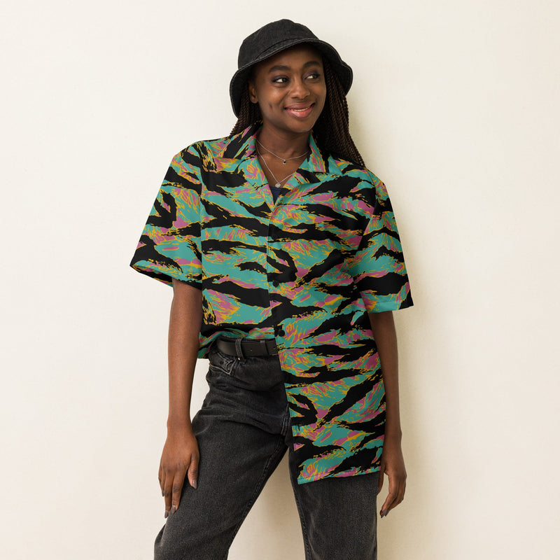 Tiger Stripe Miami Sunset CAMO Unisex Short-Sleeve Button Shirt