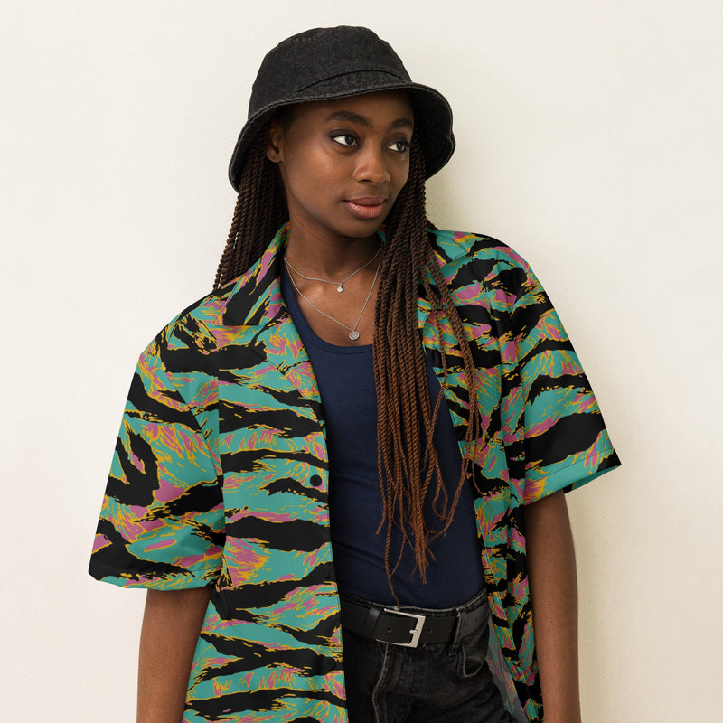 Tiger Stripe Miami Sunset CAMO Unisex Short-Sleeve Button Shirt