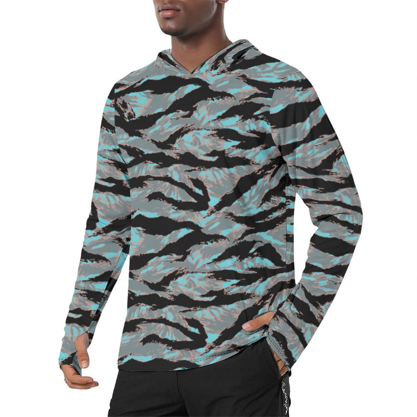 American Tiger Stripe Miami Urban CAMO Mens Sunscreen Sports Hoodie With Thumb Holes - S / White - Hoodies