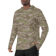 Tiger Stripe Multi-Terrain Arid CAMO Mens Sunscreen Sports Hoodie With Thumb Holes - S / White