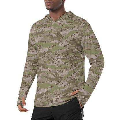 American Tiger Stripe Multi-Terrain Arid CAMO Mens Sunscreen Sports Hoodie With Thumb Holes - S / White
