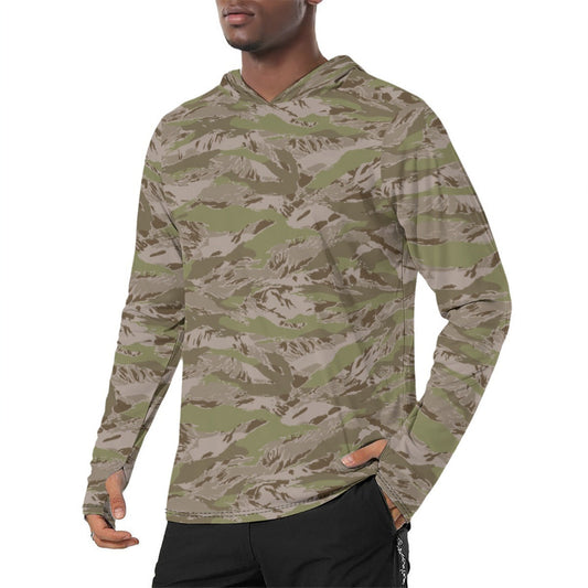 American Tiger Stripe Multi-Terrain Arid CAMO Mens Sunscreen Sports Hoodie With Thumb Holes - S / White